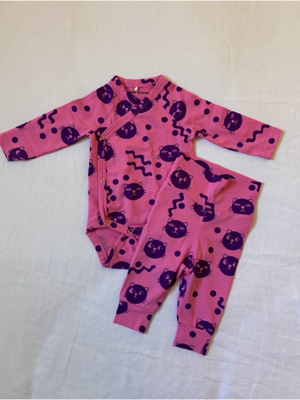 NWOT Mini Rodini Pink & Purple Cat Print Infant Kimono Set
